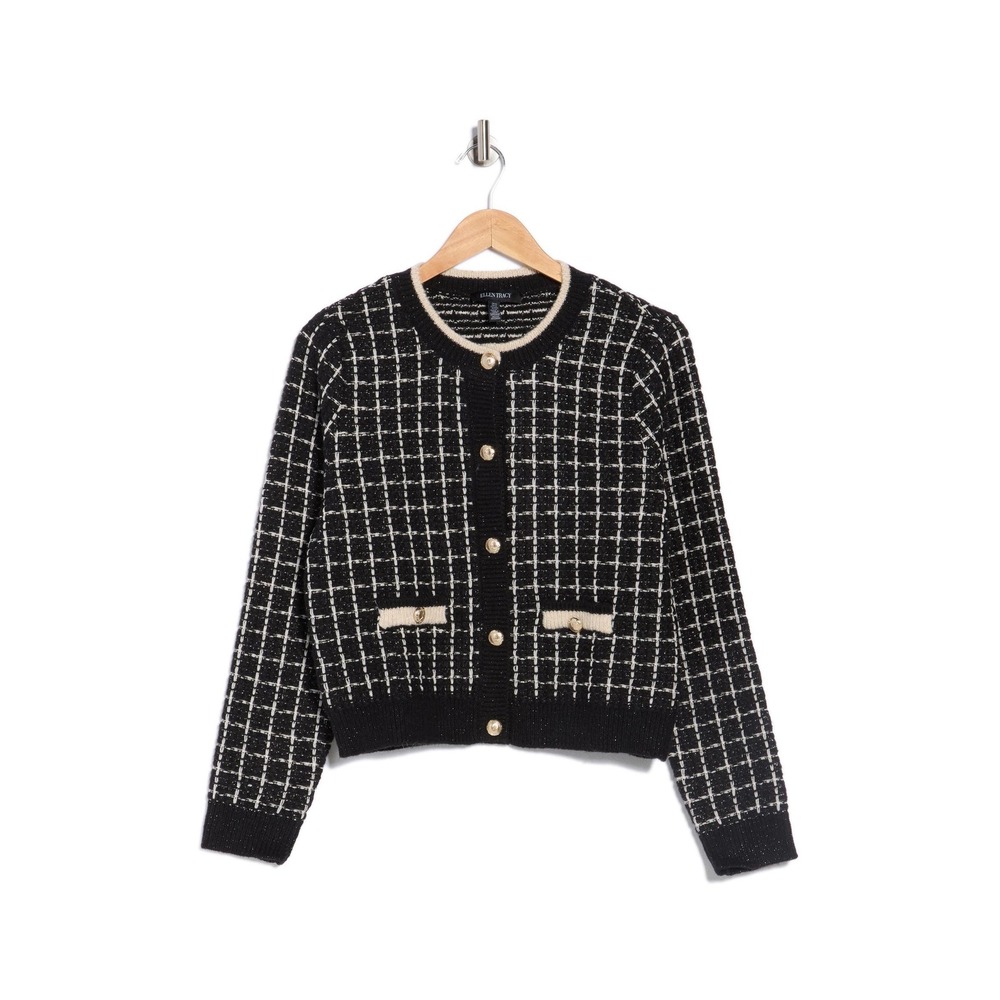 Ellen Tracy | Plaid Stitch Lady Jacket Cardigan Large Black Metallic Gold Button - Picture 3 of 10